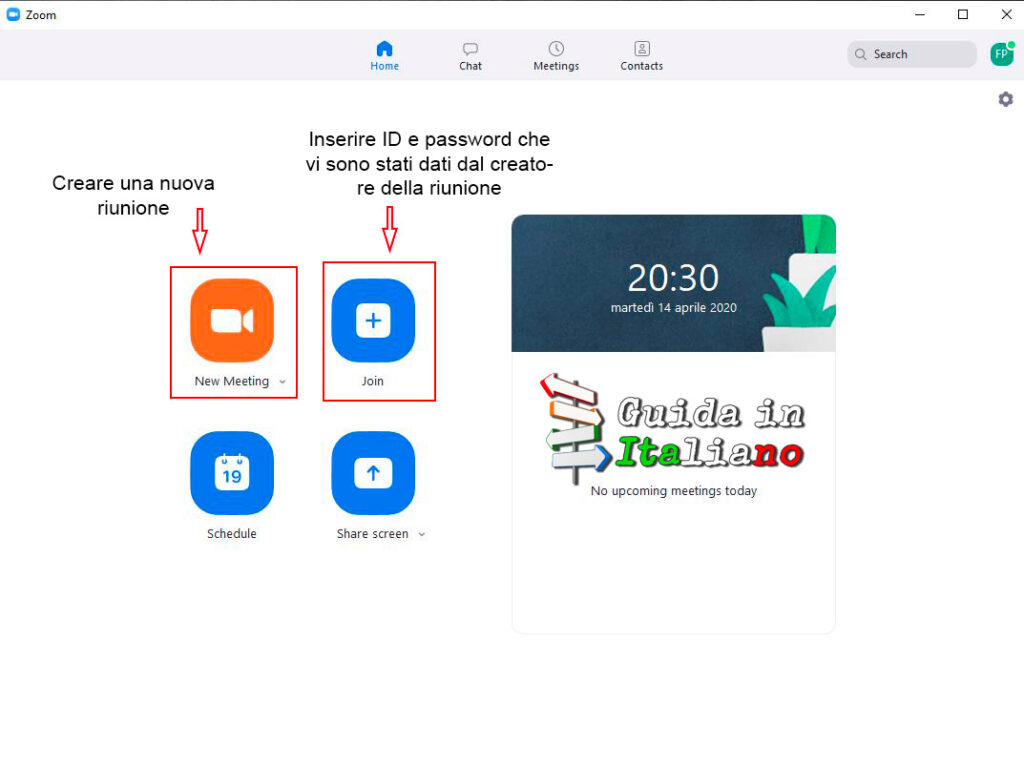 iniziare una riunione zoom pc