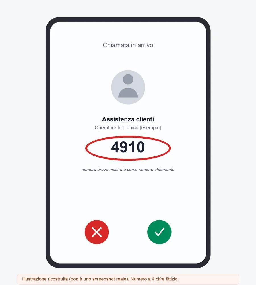 Illustrazione ricostruita (non uno screenshot reale) di una chiamata in arrivo: con la delibera 21/26/CIR, un operatore telefonico può mostrare come numero chiamante il proprio numero breve di assistenza clienti (qui un esempio fittizio a 4 cifre).