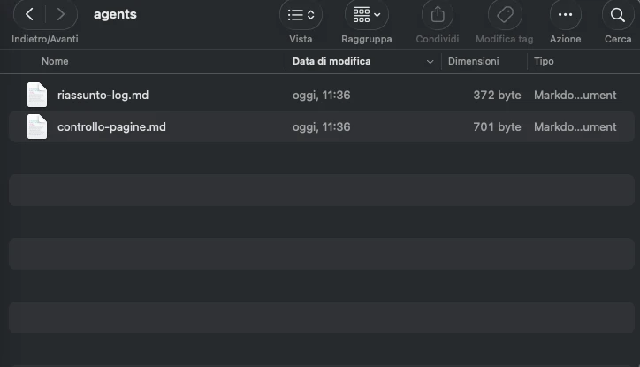 La cartella .claude/agents/ di un progetto, aperta nel Finder: dentro ci sono due agenti, ognuno è un file .md