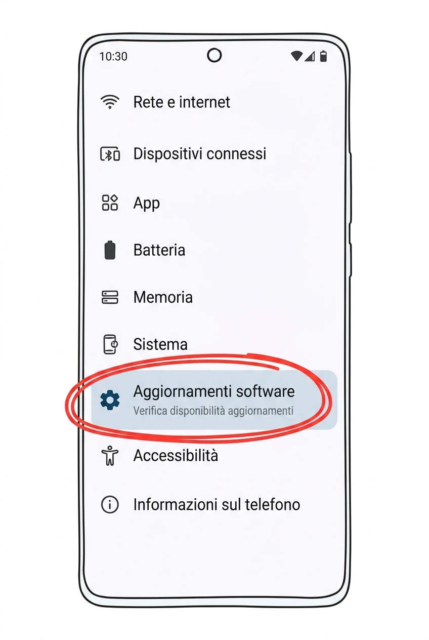 Illustrazione ricostruita della schermata Impostazioni → Sistema → Aggiornamenti software su Android puro, con la voce evidenziata