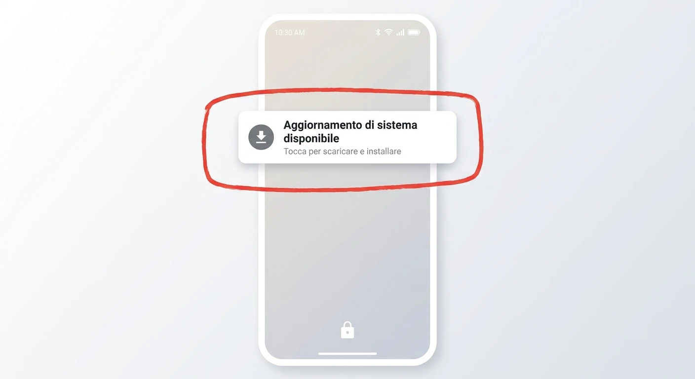 Illustrazione ricostruita di una notifica Android che annuncia un aggiornamento di sistema disponibile