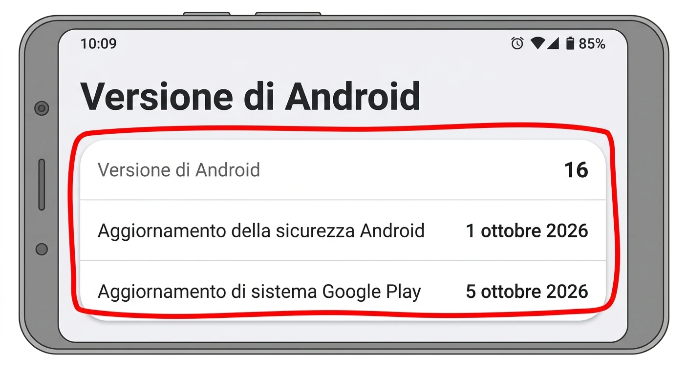 Illustrazione ricostruita della schermata Informazioni sullo smartphone → Versione di Android, con i tre valori — Versione di Android, Aggiornamento della sicurezza Android, Aggiornamento di sistema Google Play — evidenziati
