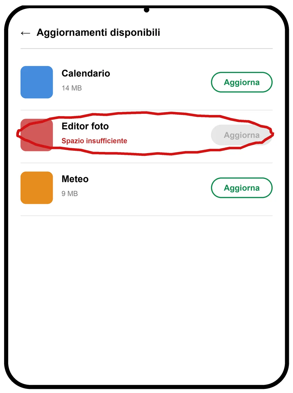 Esempio di aggiornamento bloccato nel Play Store: un'app con il pulsante Aggiorna disattivato e l'avviso «Spazio insufficiente» (illustrazione ricostruita, non uno screenshot reale)