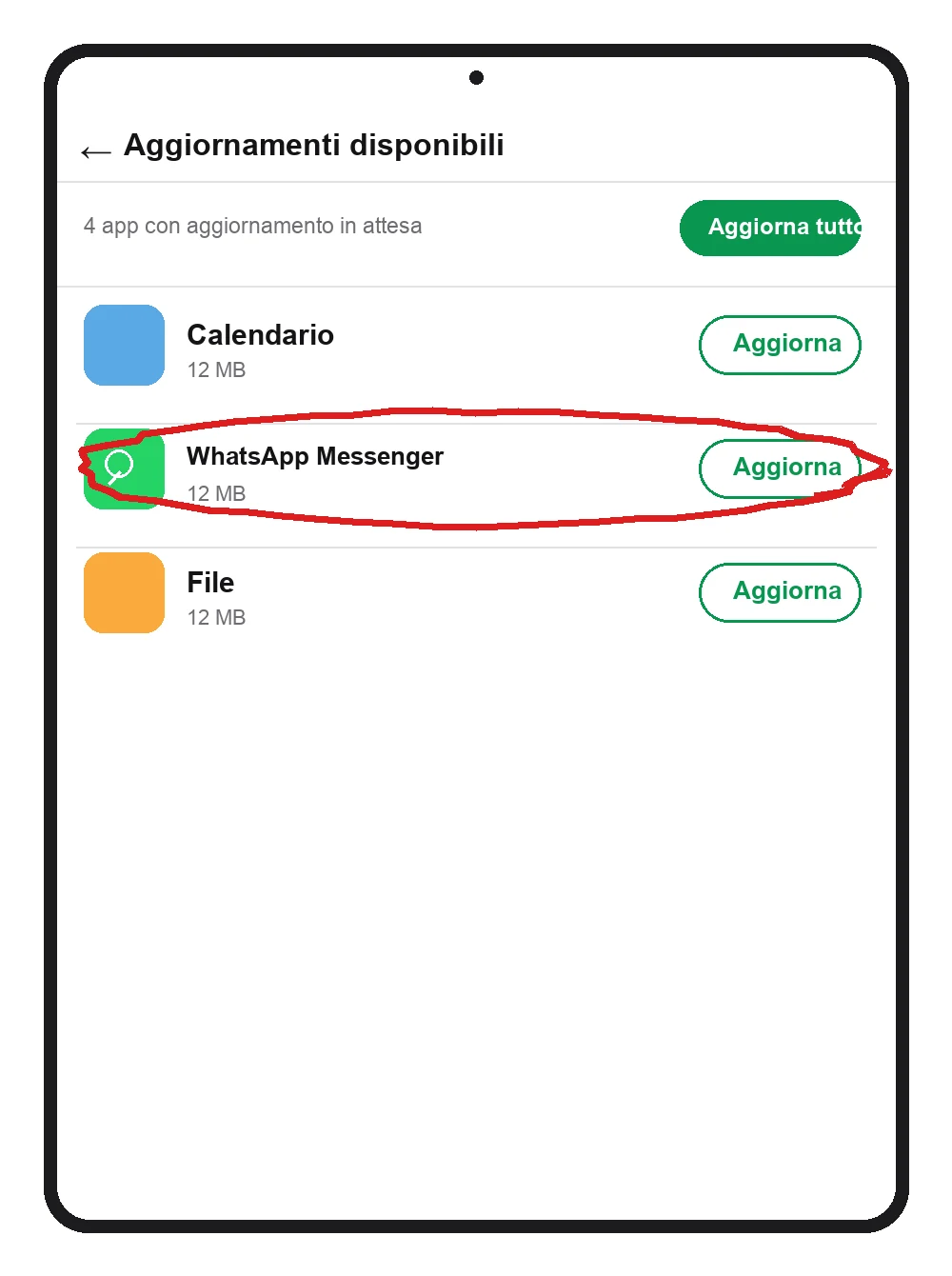 Play Store, Aggiornamenti disponibili: WhatsApp Messenger nell'elenco con il pulsante Aggiorna accanto (illustrazione ricostruita)