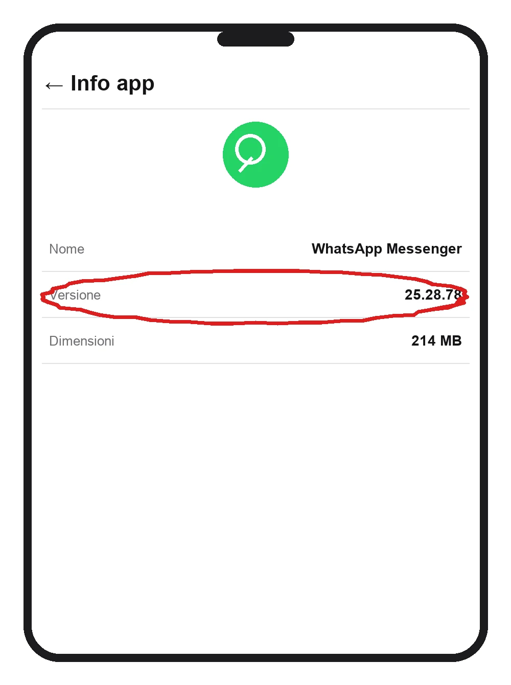 La schermata Info app di WhatsApp, con il numero di versione installata accanto alla voce Versione (illustrazione ricostruita, numero di esempio)