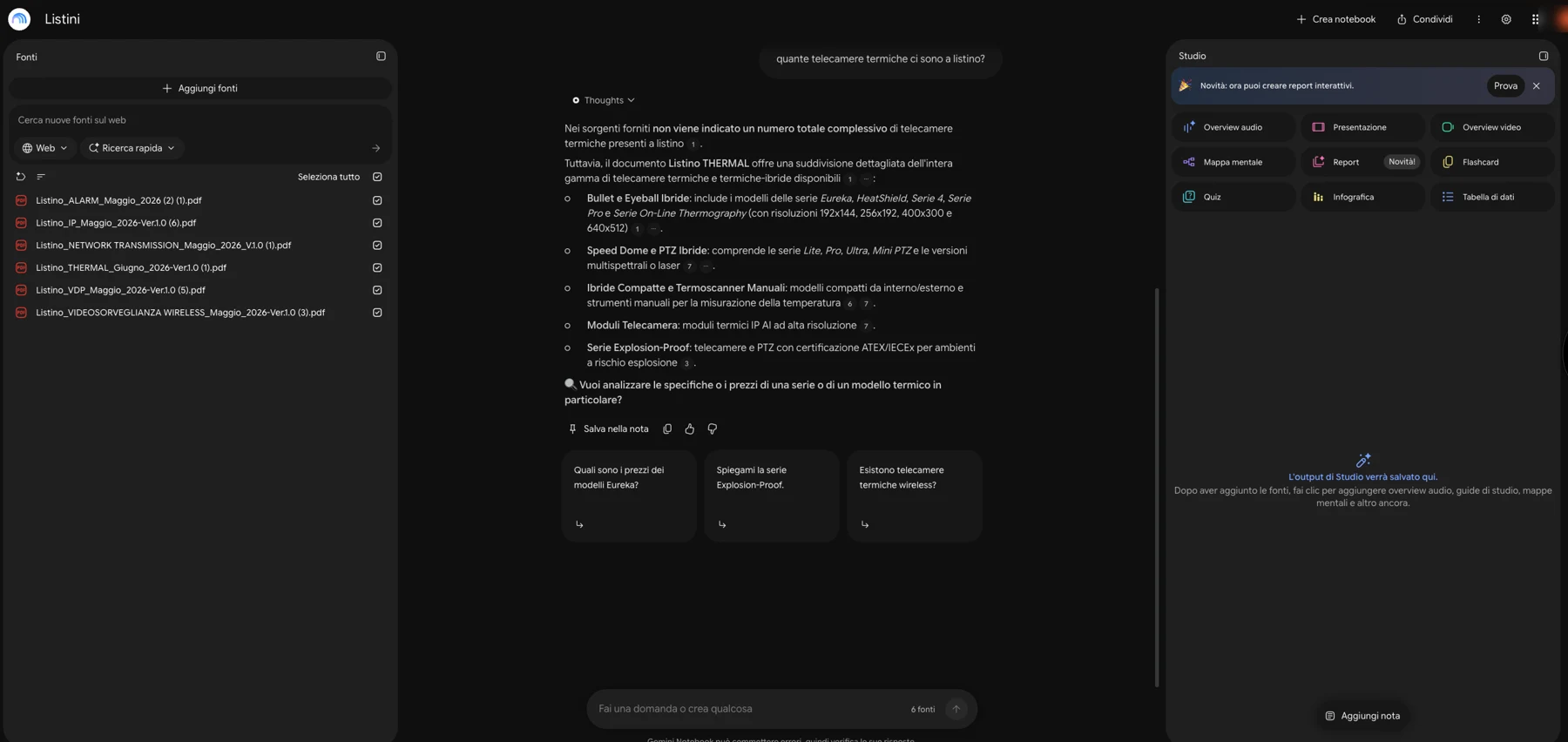 Un quaderno di Gemini Notebook con sei documenti caricati, elencati a sinistra sotto «Fonti». Alla domanda «quante telecamere termiche ci sono a listino?» non inventa un totale: dice che nei documenti non c’è, poi elenca le famiglie che trova, e i numeretti accanto alle frasi rimandano al documento da cui viene ogni dato