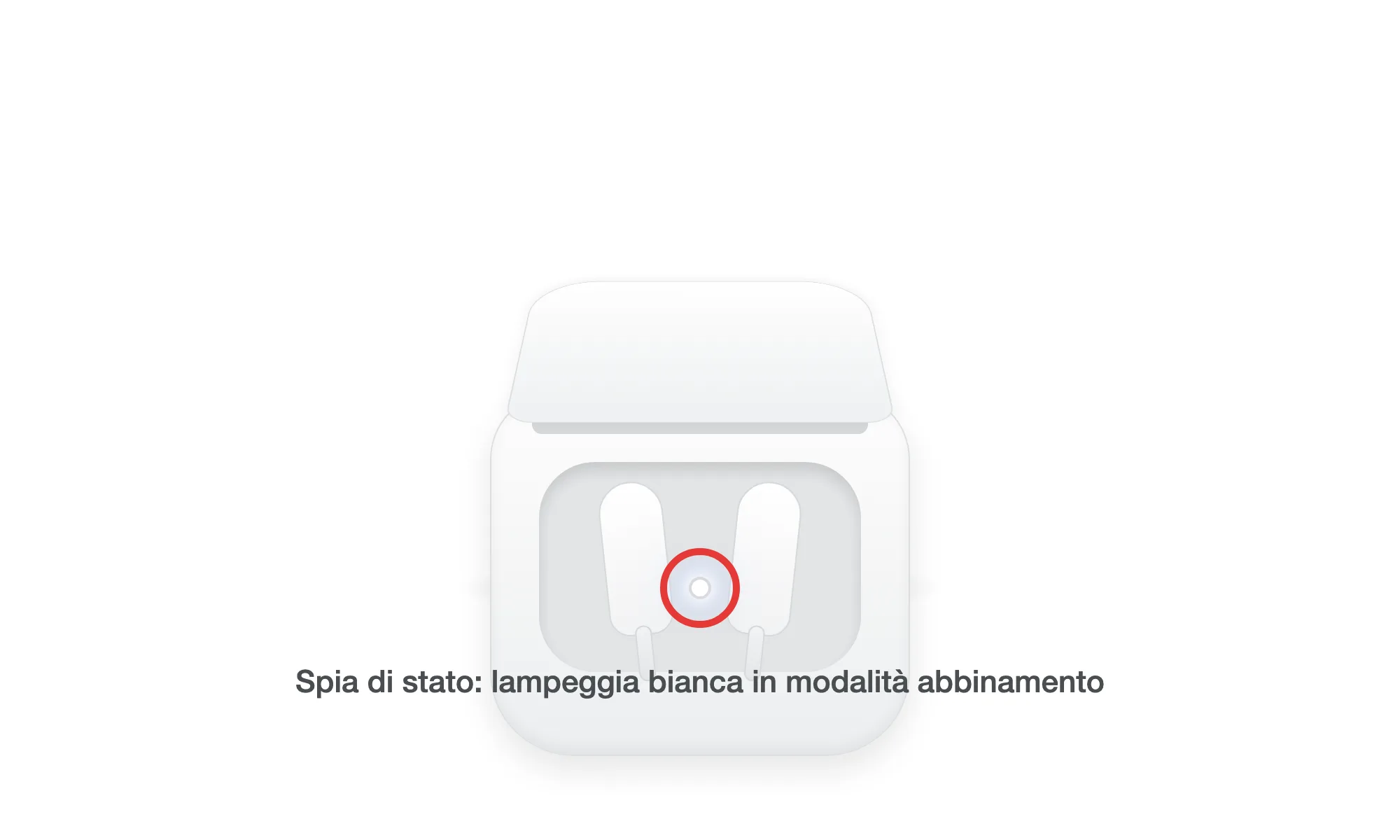 Il case delle AirPods aperto, con la spia di stato cerchiata: lampeggia bianca quando sono in modalità abbinamento. Illustrazione ricostruita, non una foto reale del prodotto.