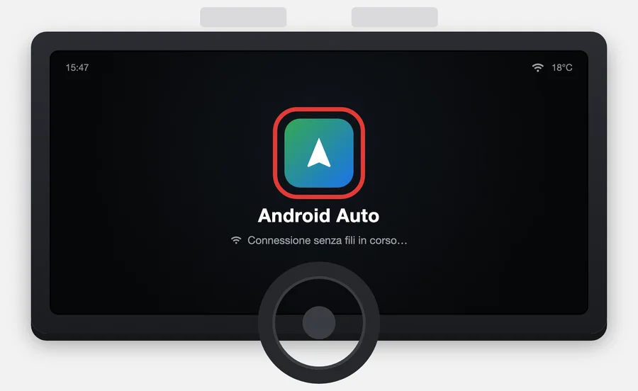 Il display dell'auto durante la connessione wireless ad Android Auto (illustrazione ricostruita: esempio generico, il display cambia molto da un'auto all'altra, non di un modello specifico)