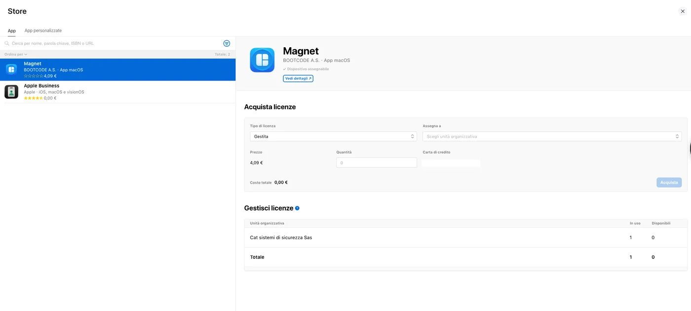 La scheda di Magnet nello Store di Apple Business, con la dicitura «Dispositivo assegnabile» sotto il nome