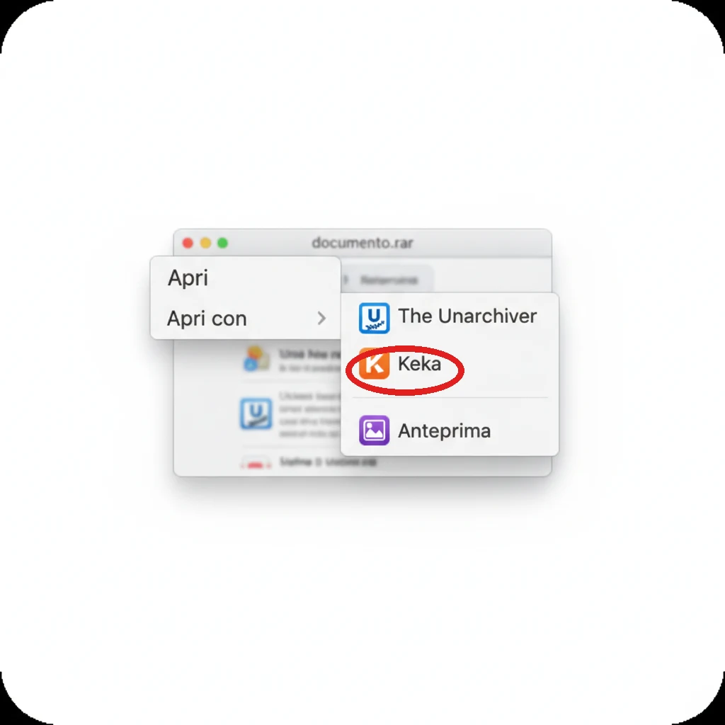 Su Mac, il menu «Apri con» di un file RAR con Keka fra i programmi proposti
