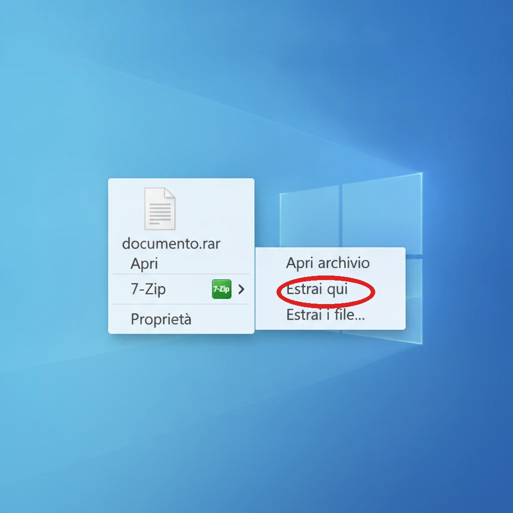 Clic destro su un file RAR in Windows 10: il sottomenu di 7-Zip con la voce «Estrai qui»