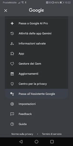 Il menu del profilo nell'app Gemini, con la voce «Passa all'Assistente Google»