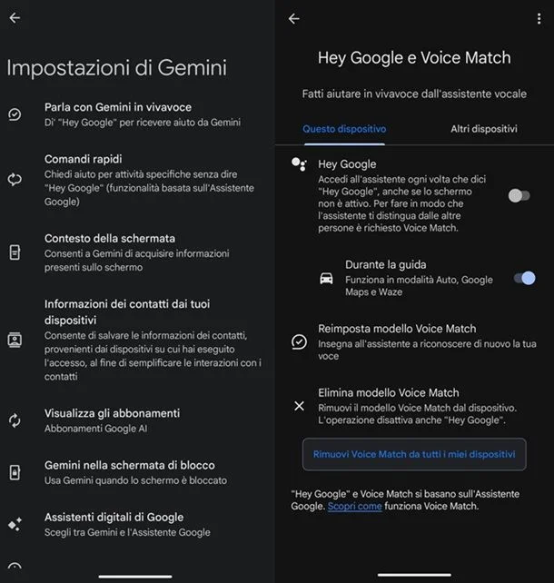 Le impostazioni di Gemini con «Parla con Gemini in vivavoce», «Hey Google» e Voice Match