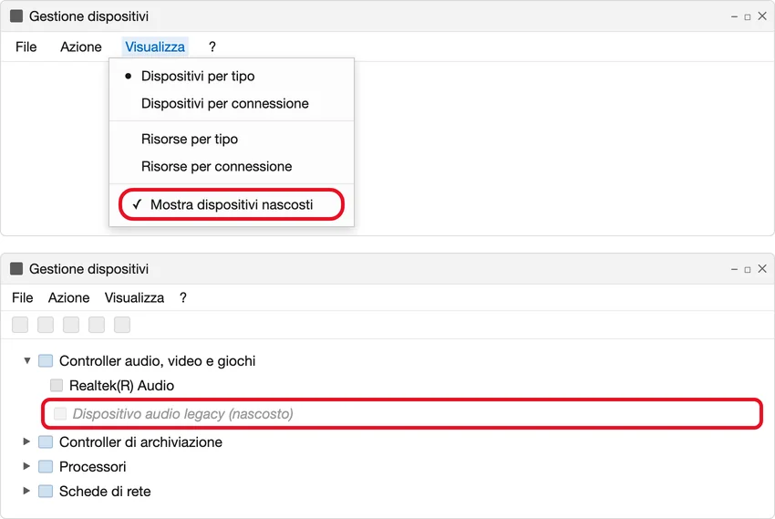 In alto, il menu Visualizza di Gestione dispositivi con «Mostra dispositivi nascosti» selezionato; sotto, l'elenco con un dispositivo audio in grigio (nascosto) dentro Controller audio, video e giochi. Illustrazione ricostruita, non uno screenshot reale.