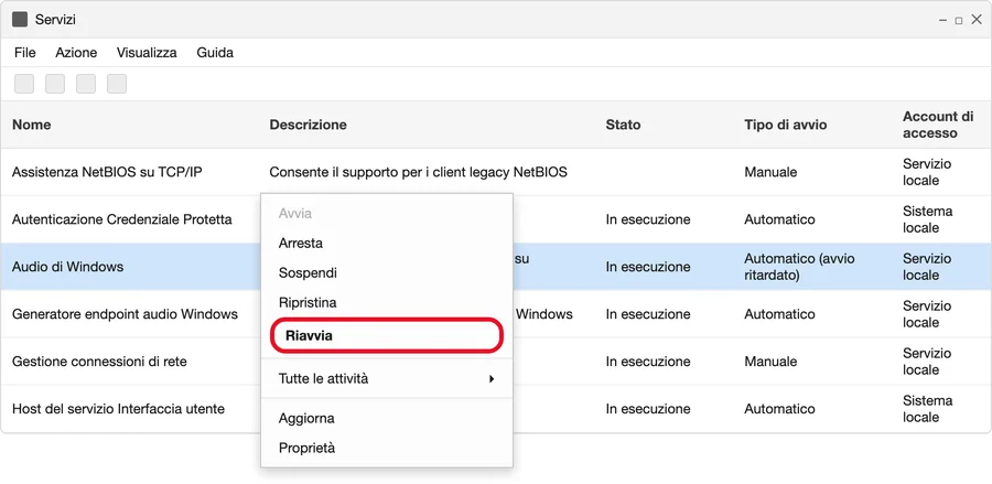 La finestra dei Servizi di Windows con «Audio di Windows» selezionato e il menu tasto destro aperto sulla voce «Riavvia». Illustrazione ricostruita, non uno screenshot reale.