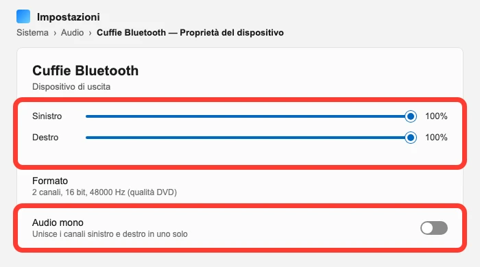 Illustrazione ricostruita: Impostazioni Windows → Audio di sistema → Output, proprietà del dispositivo, con i cursori Volume dei due canali e l'interruttore Audio mono