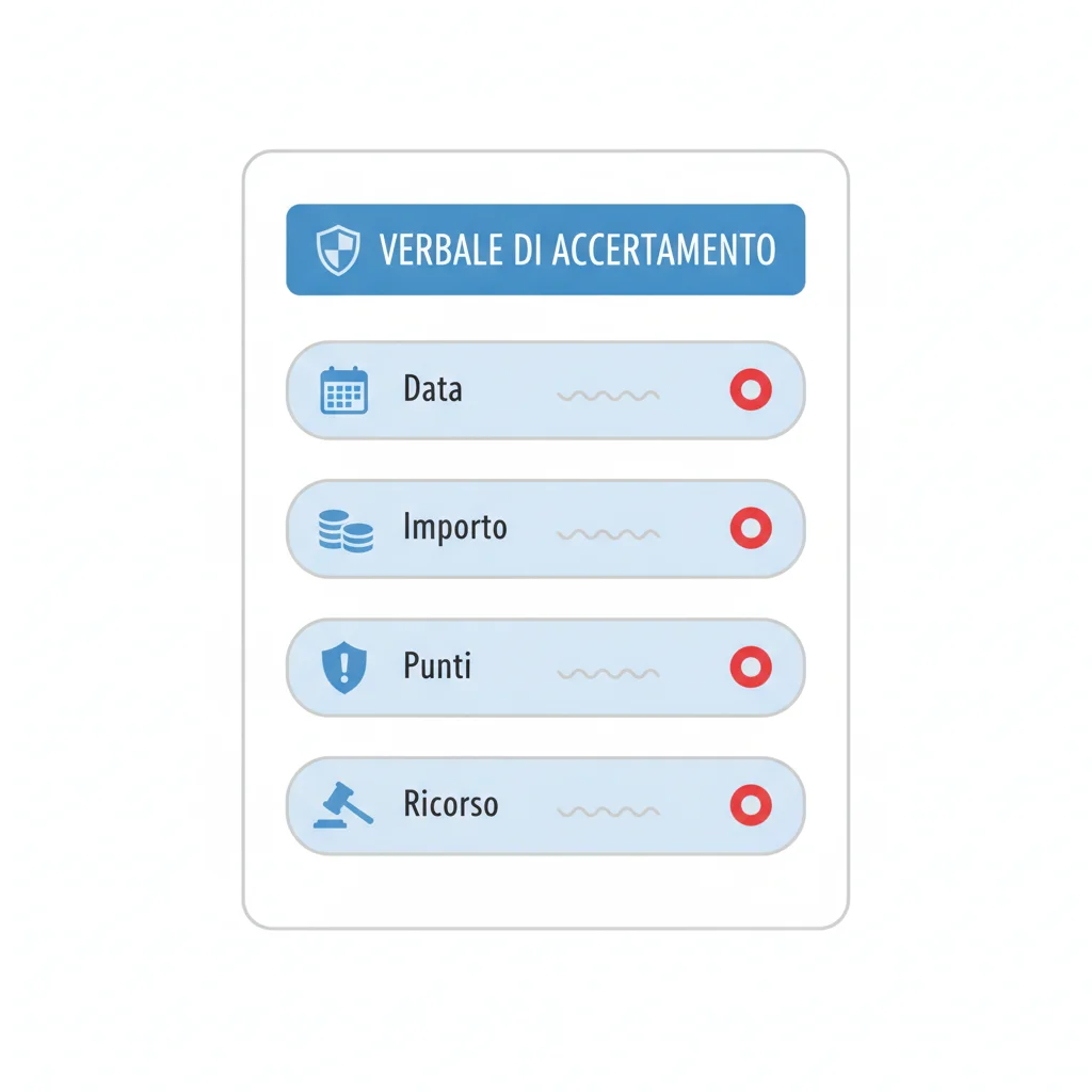 Illustrazione ricostruita di un verbale, con i campi principali evidenziati (data, importo, punti, ricorso) — dati non reali, solo a scopo illustrativo