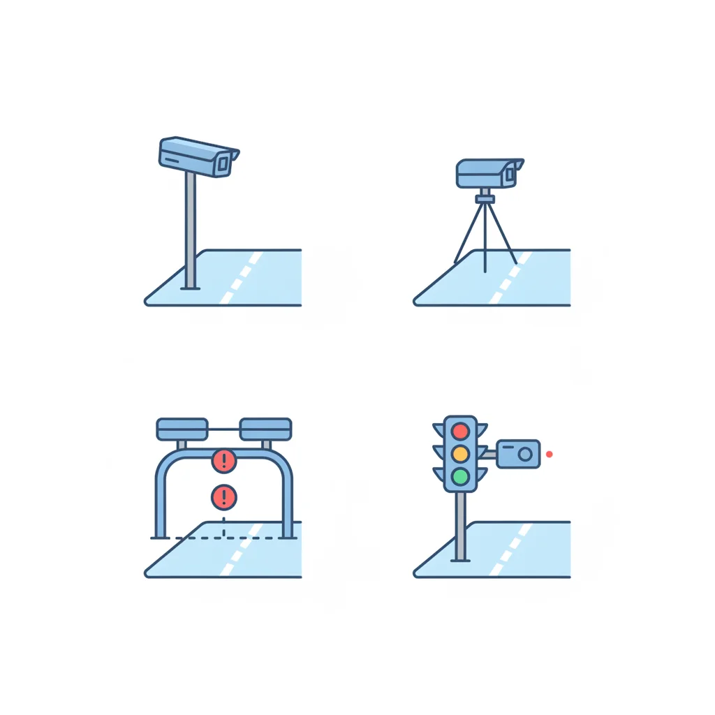 Illustrazione: i quattro tipi di postazione — fisso su palo, mobile su cavalletto, tutor con due portali, photored sul semaforo