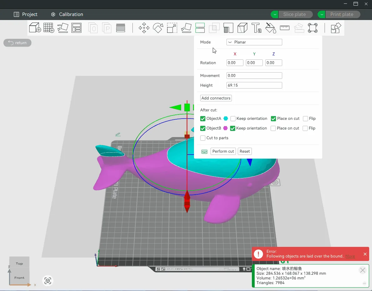 La finestra di Taglia in modalità Planare, col pannello «Dopo il taglio» (After cut) e il pulsante «Aggiungi connettori» (Add connectors) — screenshot ufficiale Bambu Lab, dal wiki del programma