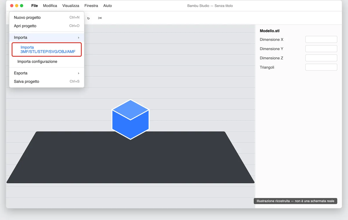 Illustrazione ricostruita del menu File → Importa di Bambu Studio, con la voce «Importa 3MF/STL/STEP/SVG/OBJ/AMF» evidenziata e un modello già caricato sul piatto (non è una schermata reale del programma)