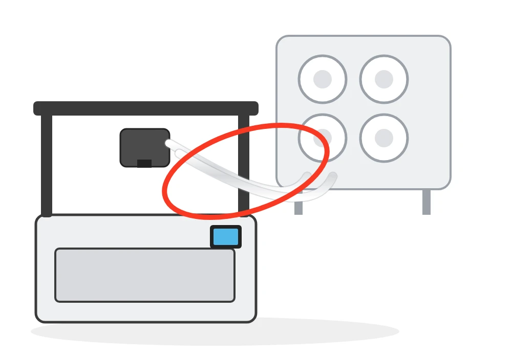 L'AMS lite collegato al retro della A1 mini, con i due tubi PTFE che portano il filamento ai 4 slot (illustrazione ricostruita: Fabrizio non possiede un AMS lite, nessuna foto vera disponibile)
