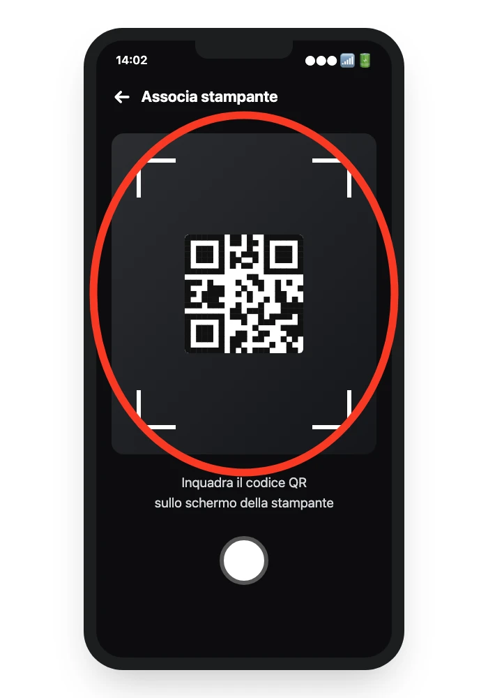La schermata dell'app Bambu Handy durante la scansione del QR code per associare la stampante (illustrazione ricostruita: nessuno screenshot ufficiale reale trovato di questa schermata esatta)
