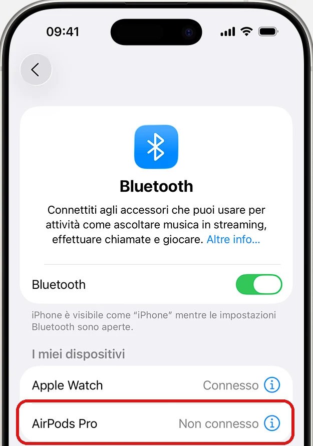 Impostazioni Bluetooth di iPhone: le AirPods Pro risultano «Non connesso» pur essendo nell'elenco dei dispositivi — accoppiate ma non connesse sono due cose diverse