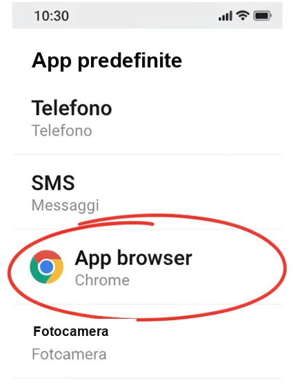 Android, Impostazioni > App predefinite con la voce «App browser» cerchiata in rosso