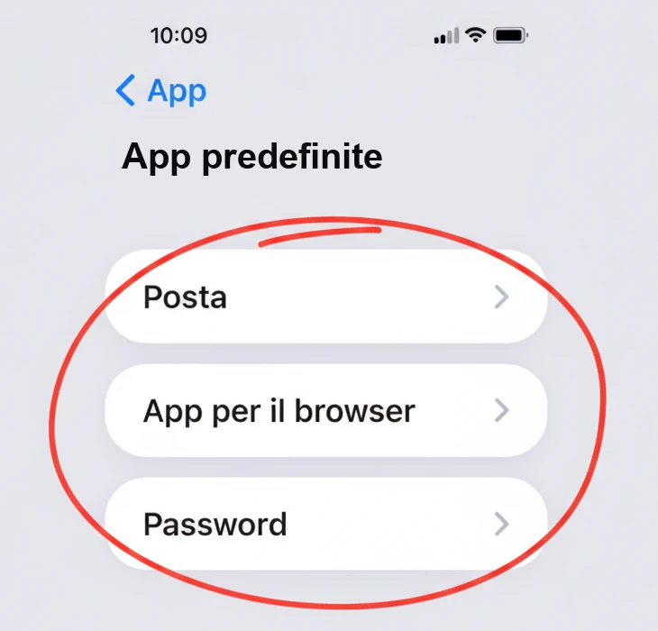 iPhone, Impostazioni > App predefinite: «App per il browser» è la voce centrale del gruppo evidenziato in rosso