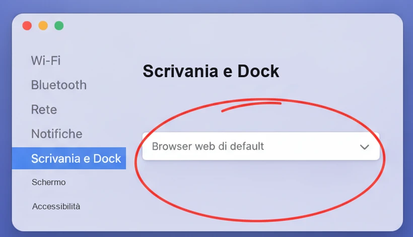 Mac, Impostazioni di Sistema > Scrivania e Dock, con il menu «Browser web di default» cerchiato in rosso