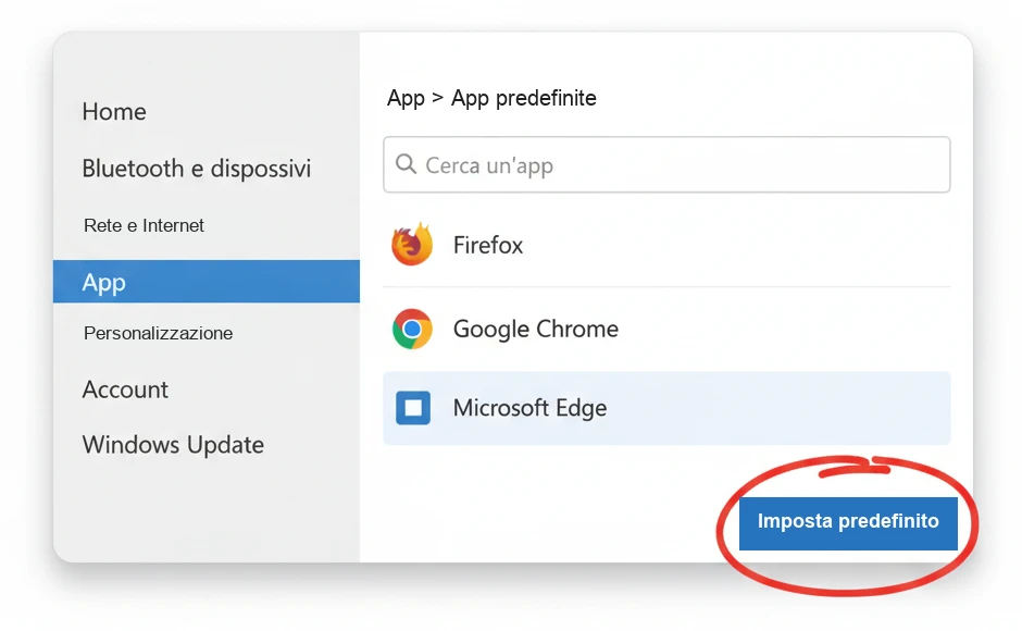 Windows 11, Impostazioni > App > App predefinite con Microsoft Edge selezionato e il pulsante «Imposta predefinito» cerchiato in rosso