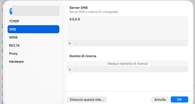 Impostazioni di Sistema del Mac, scheda DNS dentro i dettagli della rete, con l'elenco dei server e il pulsante «+» per aggiungerne uno