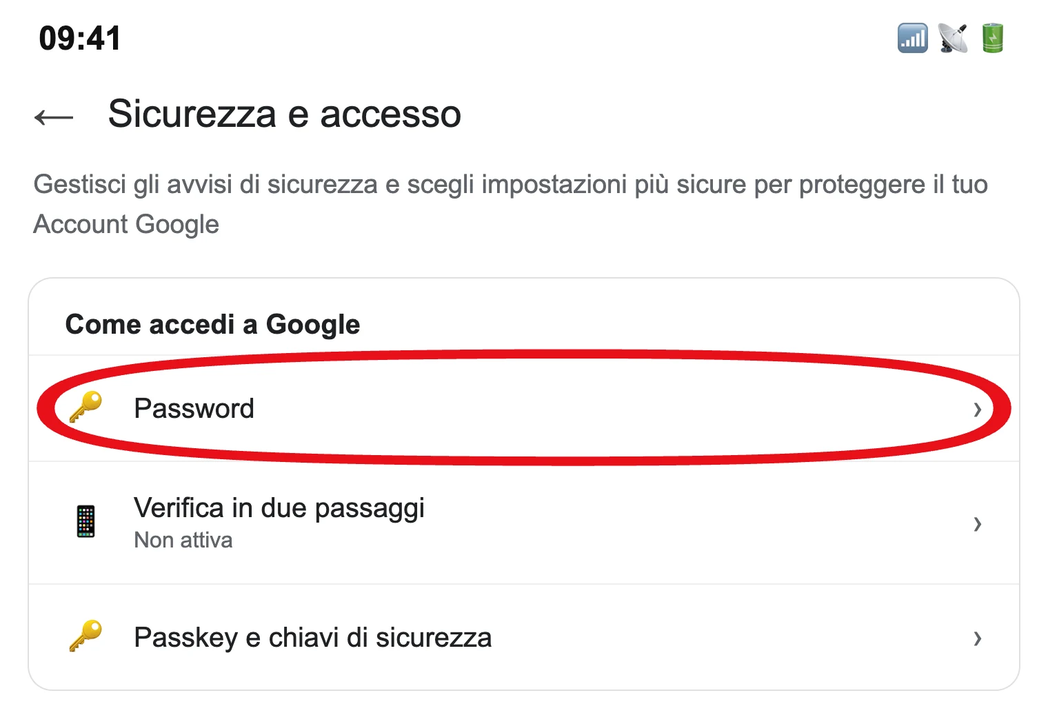 La schermata Sicurezza e accesso nelle impostazioni Google di Android, con la voce Password (illustrazione ricostruita)