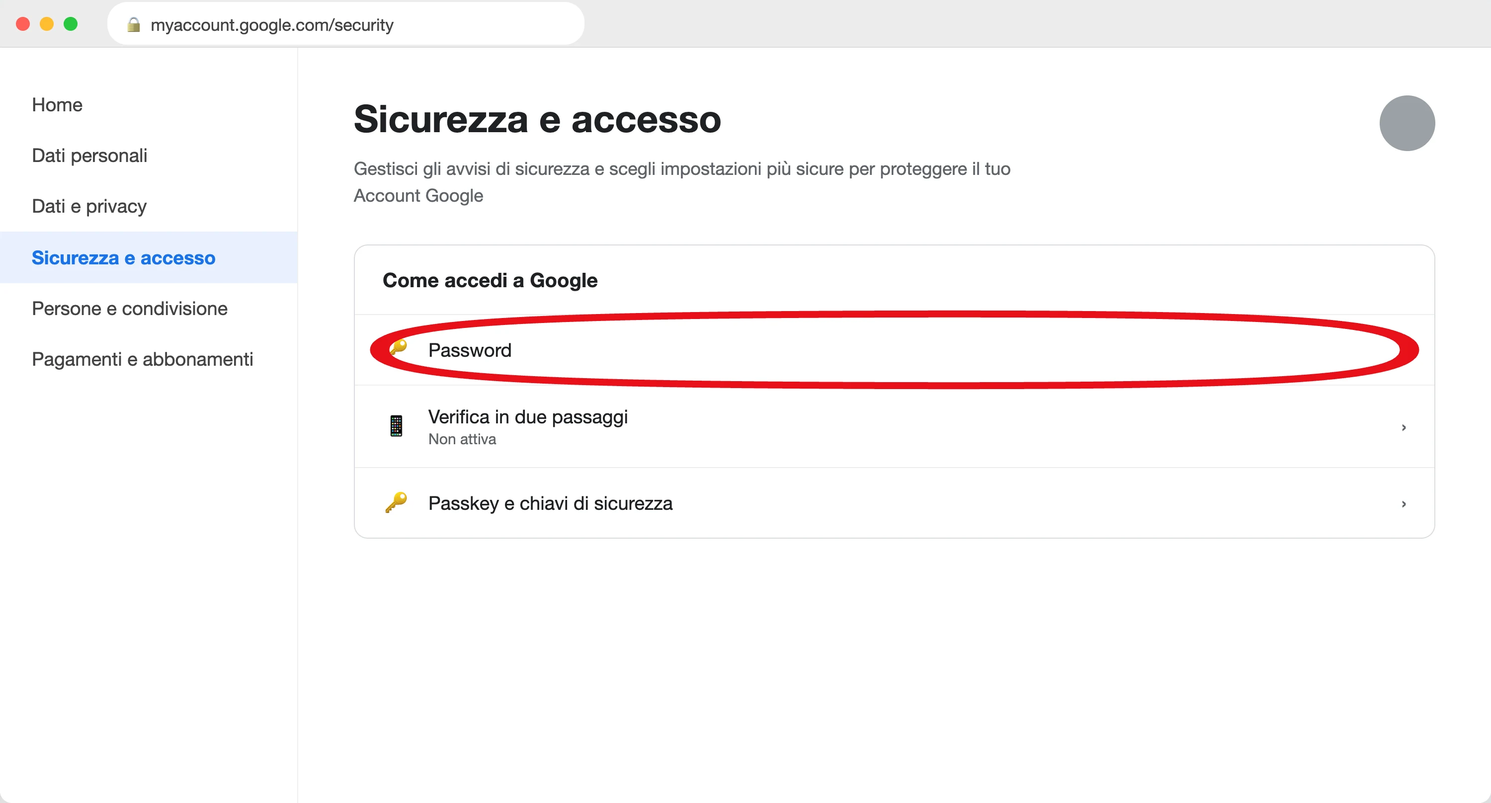 La pagina Sicurezza e accesso dell'Account Google su computer, con la voce Password (illustrazione ricostruita)