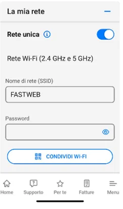 La schermata «La mia rete» di MyFastweb, con il nome della rete e il campo Password — schermata dalla pagina ufficiale di assistenza Fastweb