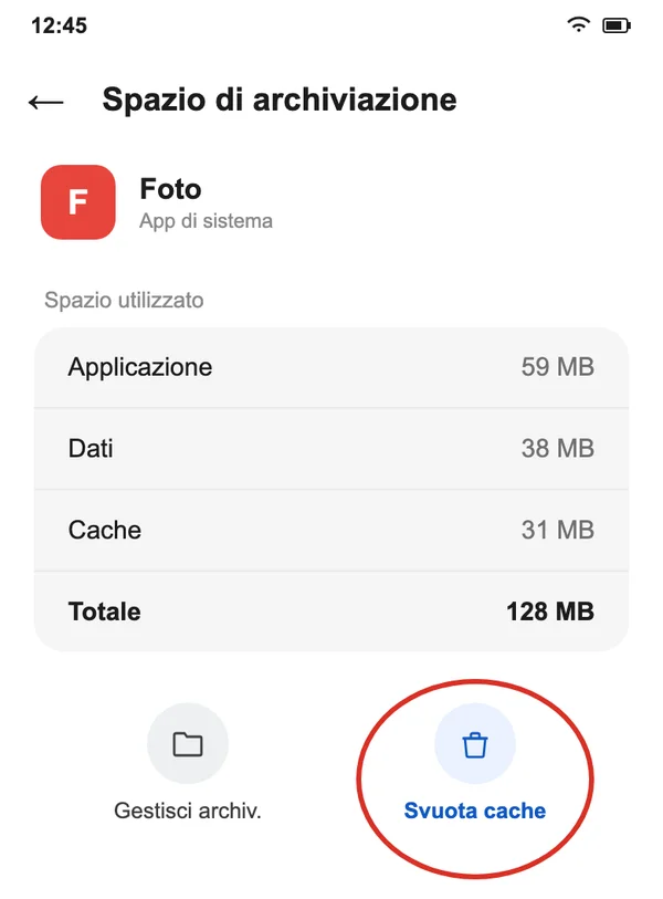 Impostazioni > Applicazioni > [app] > Spazio di archiviazione, con il pulsante Svuota cache (illustrazione ricostruita, non uno screenshot vero: lo screenshot ufficiale Samsung esiste ma solo in tema scuro e a risoluzione molto piccola, 247x563 px)