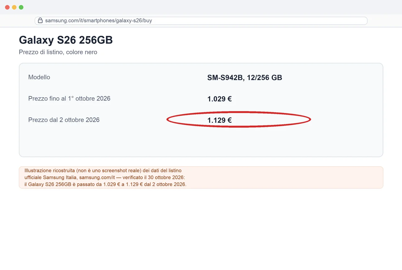 Illustrazione ricostruita (non uno screenshot reale) del listino ufficiale Samsung Italia: il Galaxy S26 256GB è passato da 1.029 € a 1.129 € dal 2 ottobre 2026.