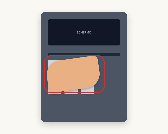 Illustrazione: una mano copre la tastiera del bancomat mentre si digita il PIN, il gesto più semplice per proteggersi dallo skimming.