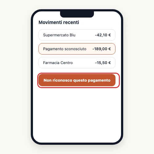 Esempio ricostruito (illustrazione, nessun logo reale) della sezione movimenti di un'app bancaria, con il pulsante per contestare un pagamento non riconosciuto.
