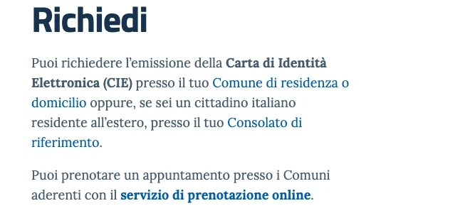 La pagina «Richiedi» di cartaidentita.interno.gov.it, con il link «servizio di prenotazione online»