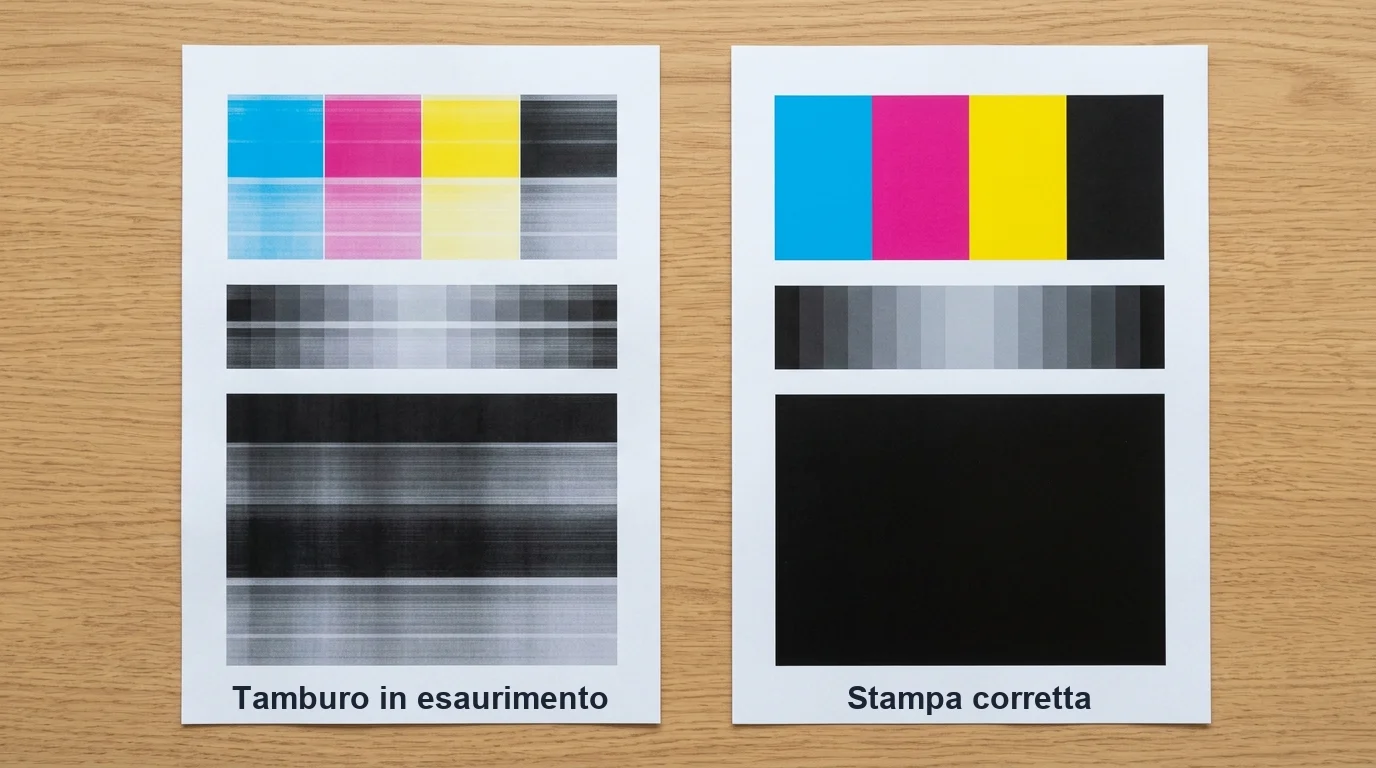 Illustrazione: a sinistra una stampa con il tamburo in esaurimento, con le righe orizzontali; a destra la stessa pagina stampata bene