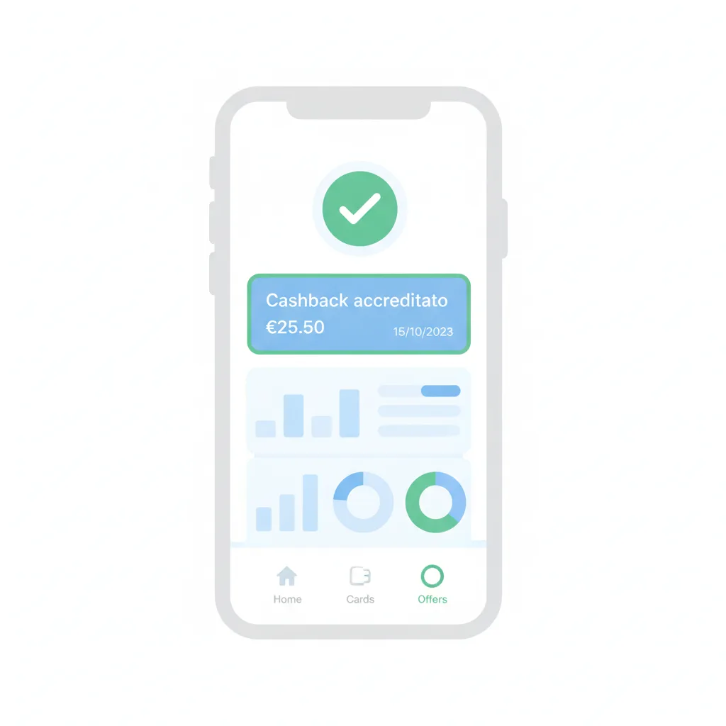 Illustrazione: un'app mostra un cashback già accreditato, con importo e data dell'accredito