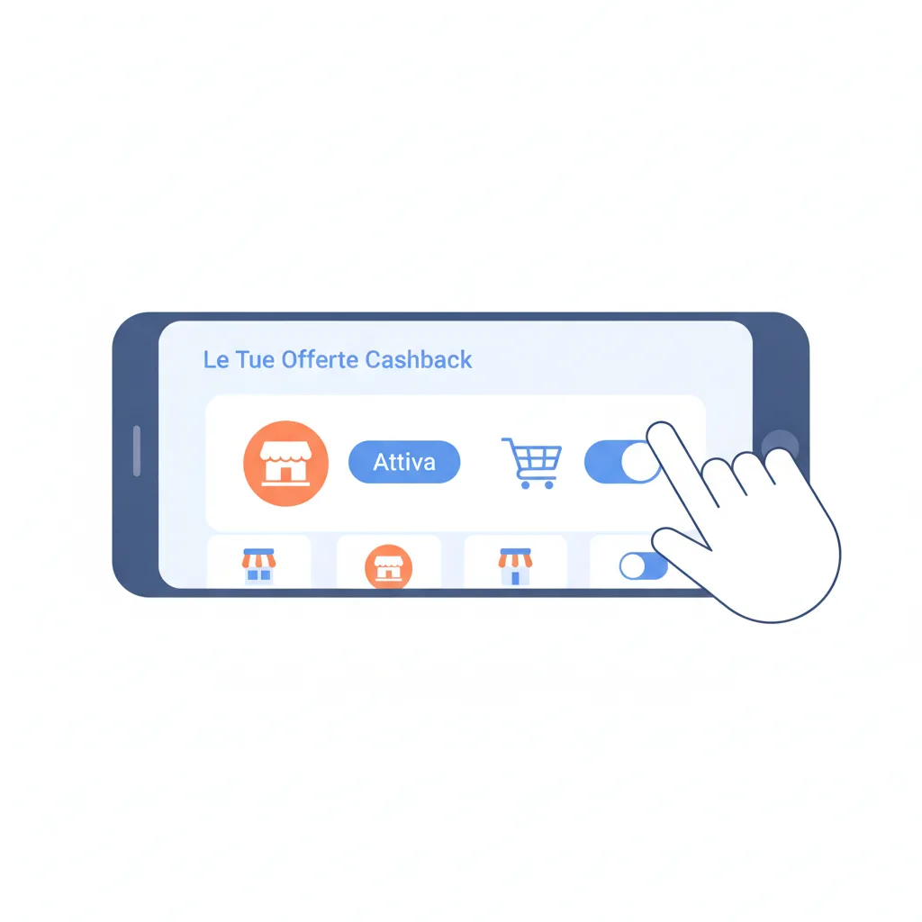 Illustrazione: si seleziona o si «attiva» un negozio dentro un'app di cashback prima di comprare — il passaggio più facile da dimenticare