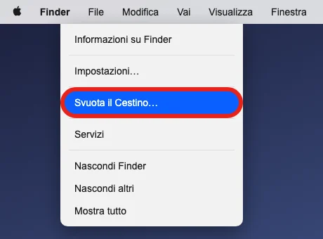 Menu Finder aperto sulla barra dei menu del Mac, con la voce «Svuota il Cestino…» evidenziata