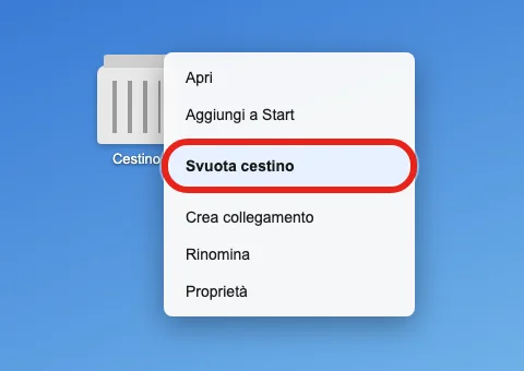 Clic destro sull'icona del Cestino sul desktop di Windows, con la voce «Svuota cestino» evidenziata nel menu