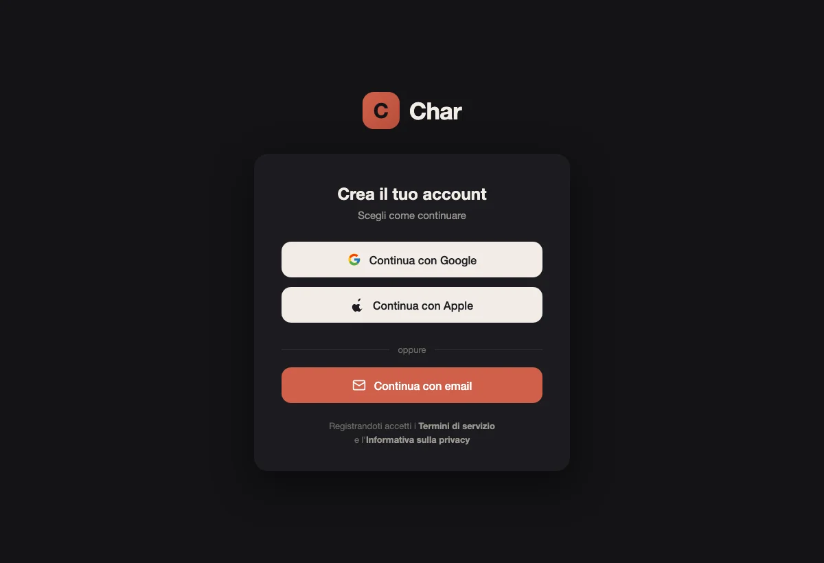 Ricostruzione della schermata di registrazione di Character.AI, con i pulsanti Continua con Google, Continua con Apple e Continua con email