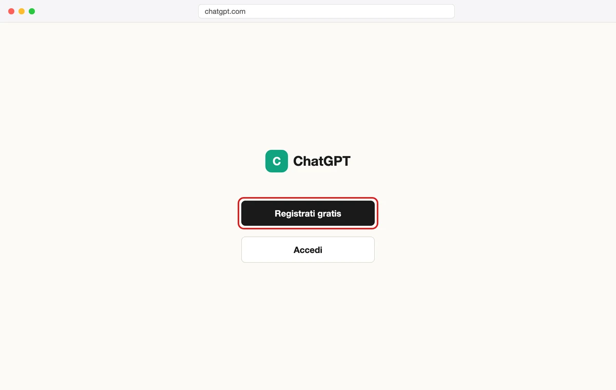 La home di chatgpt.com con il pulsante Registrati gratis in evidenza. Illustrazione ricostruita: non è uno screenshot reale (chatgpt.com blocca l'accesso automatico con una verifica Cloudflare anche via browser headless, stesso blocco incontrato con WebFetch).