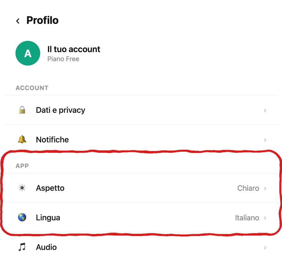 Il menu del profilo nell'app ChatGPT, con la sezione App e la voce Lingua impostata su Italiano cerchiate in rosso (illustrazione ricostruita, non uno screenshot vero: la pagina ufficiale del centro assistenza OpenAI non mostra questa schermata)