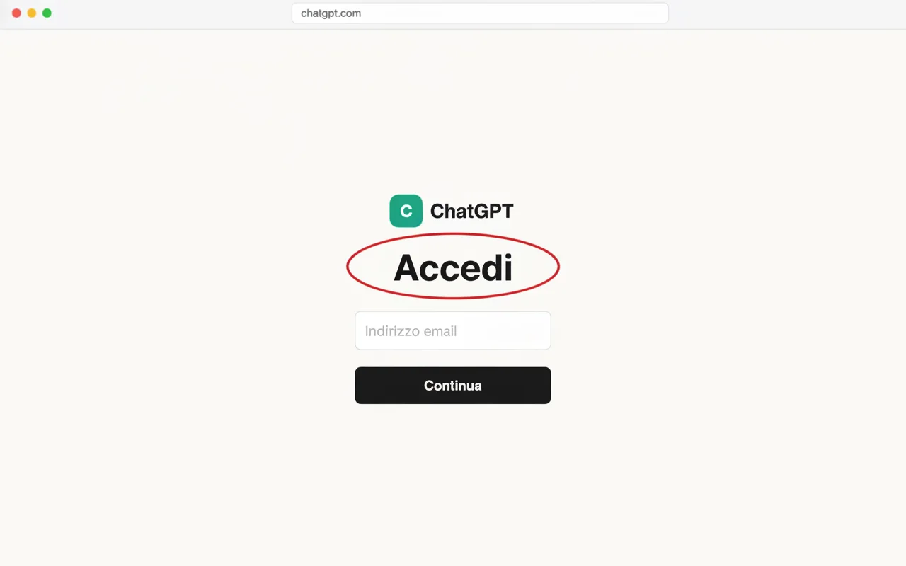 La pagina di accesso su chatgpt.com, con il pulsante Accedi e il modulo per inserire email e password (illustrazione ricostruita)