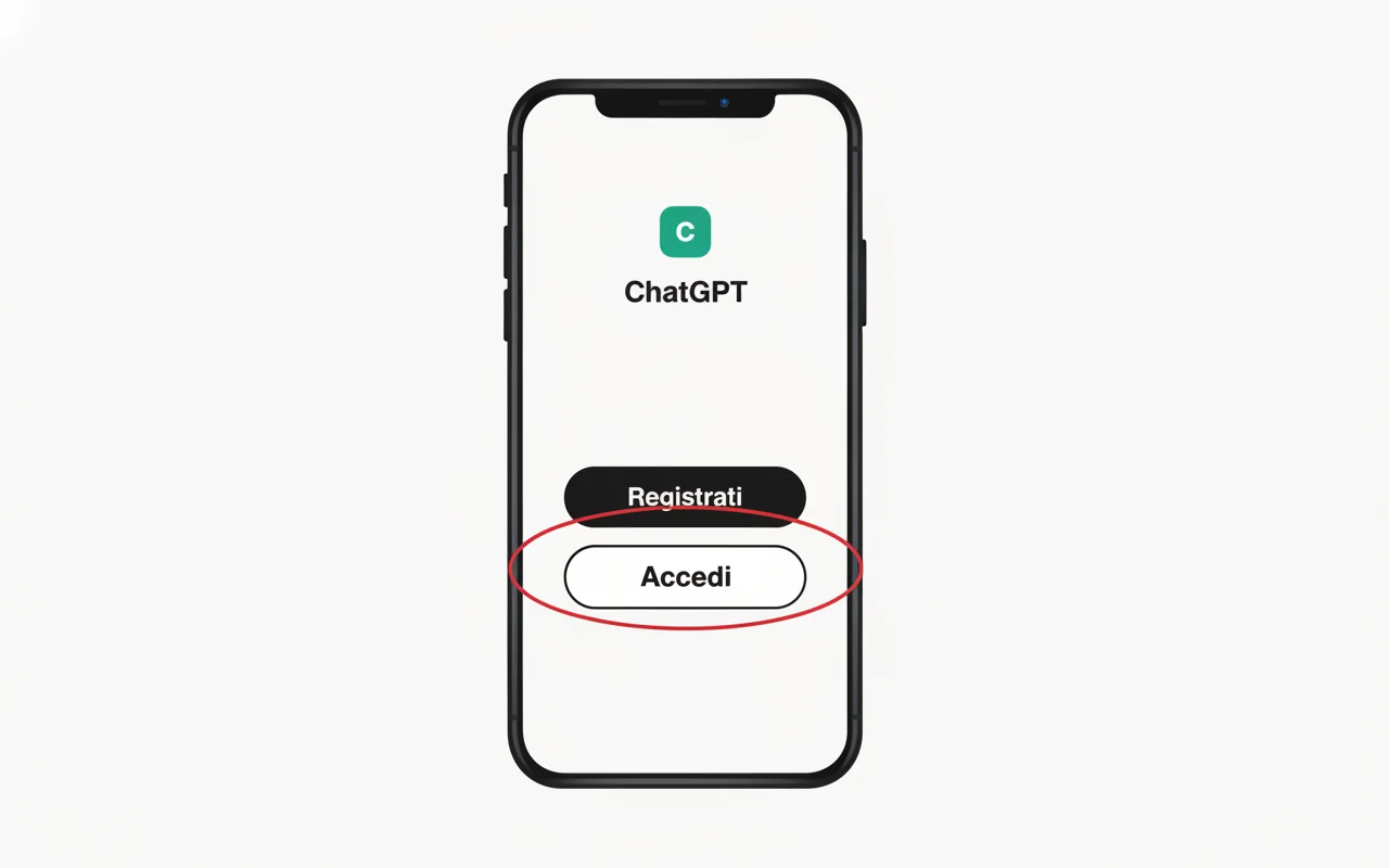 La schermata iniziale dell'app ChatGPT su iPhone, con il pulsante Accedi (illustrazione ricostruita)
